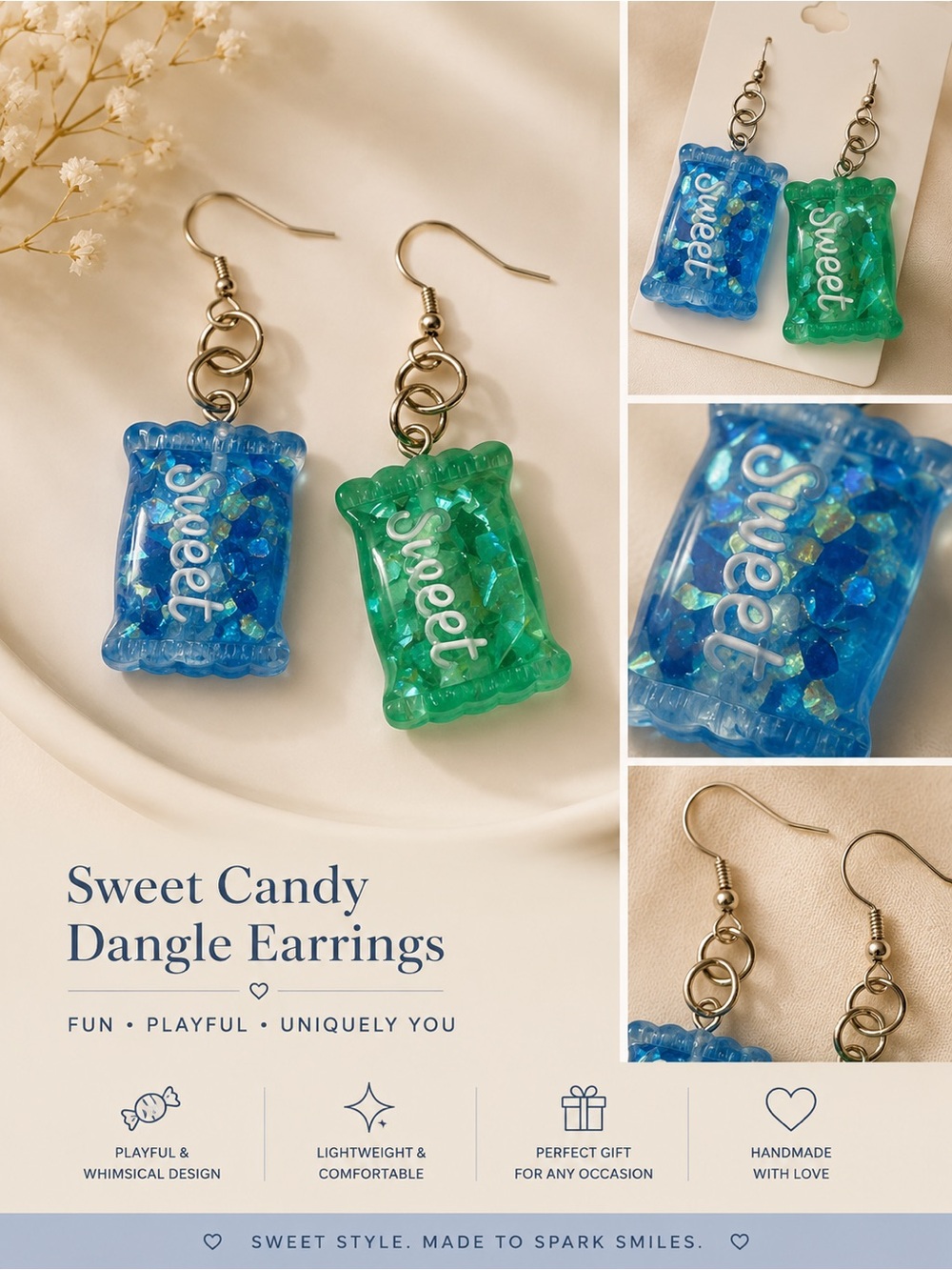 Sweet Candy Earrings Blue Green Fun Quirky‎ Novelty Jewelry Gift